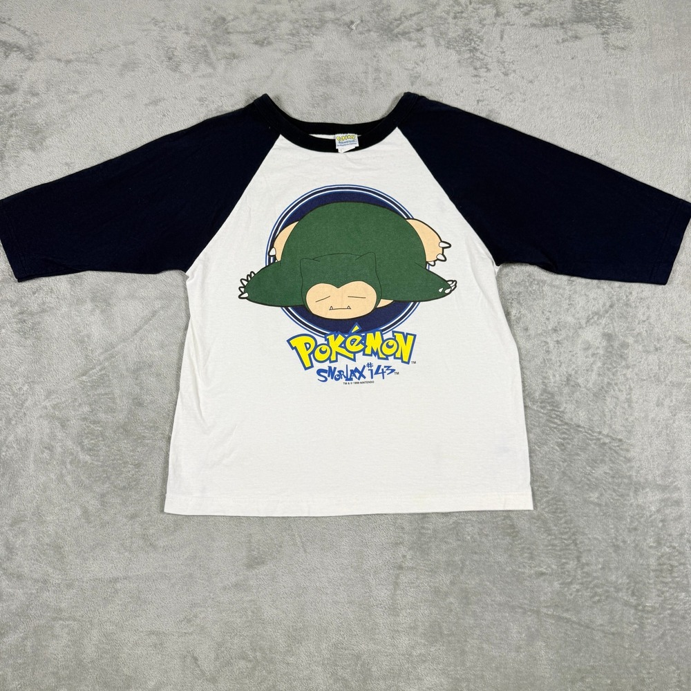 Vintage Pokemon Kids Large Raglan T-Shirt Snorlax 143 1999 Monterey Canyon Navy